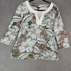 Talbots Womens Large Tunic Shirt Vneck Tropical Vacation Palm Leaf 3/4 Sleeve